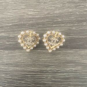Gold Heart Pearl CC Earrings